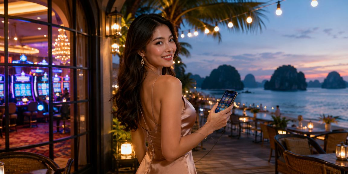 Người dùng tại Hạ Long truy cập casino di động qua điện thoại bên cửa sổ vịnh